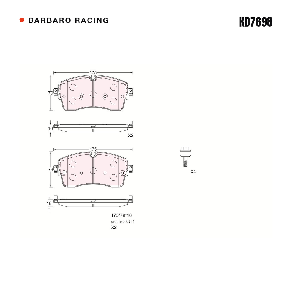 Barbaro Racing KD7698 brake pad shape drawing - 175 x 79.1 x 16 mm