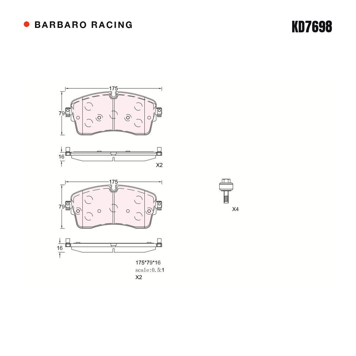 Barbaro Racing KD7698 brake pad shape drawing - 175 x 79.1 x 16 mm