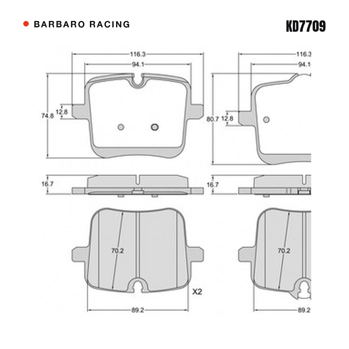 Barbaro Racing KD7709 brake pad shape drawing - 116.3 x 80.7 x 16.7 mm