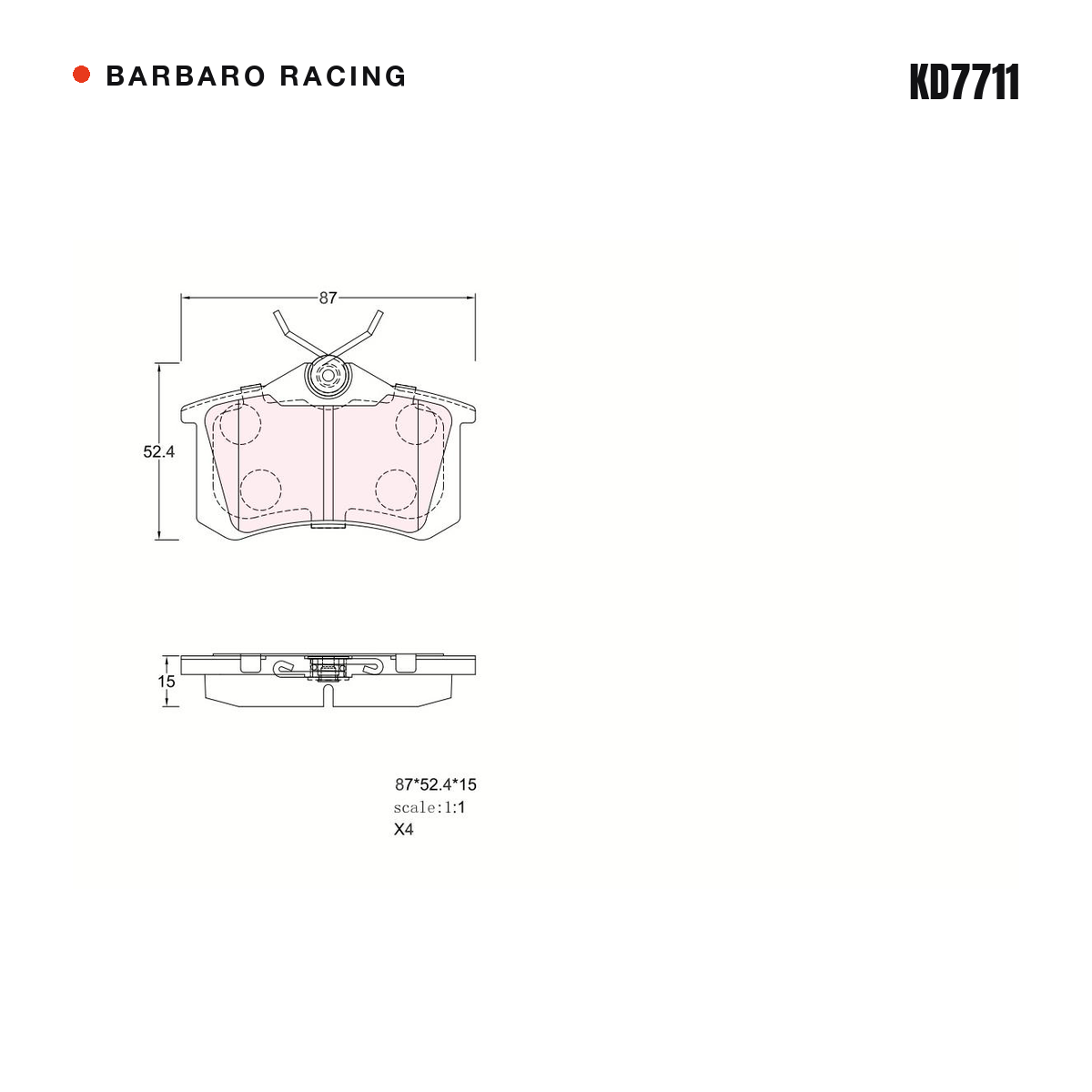 Barbaro Racing KD7711 brake pad shape drawing - 87.2 x 52.2 x 15 mm
