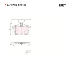 Barbaro Racing KD7711 brake pad shape drawing - 87.2 x 52.2 x 15 mm