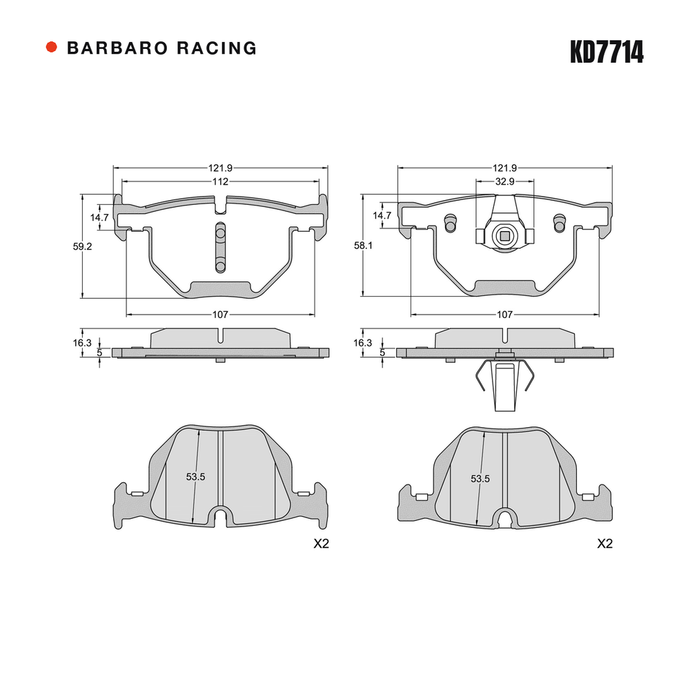 Barbaro Racing KD7714 brake pad shape drawing - 121.9 x 59.2 x 16.3 mm