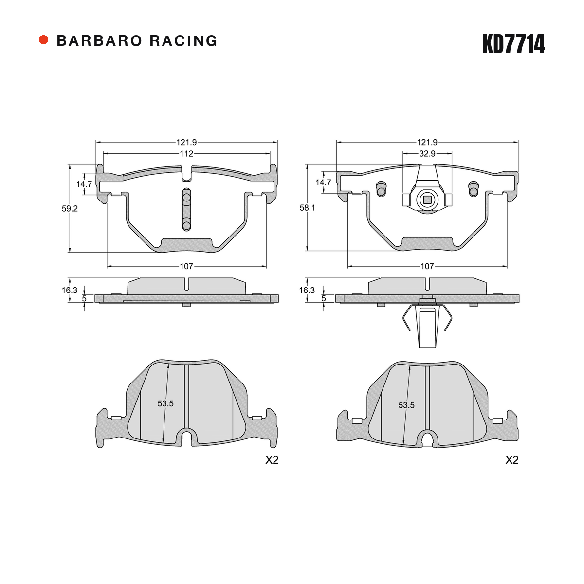 Barbaro Racing KD7714 brake pad shape drawing - 121.9 x 59.2 x 16.3 mm