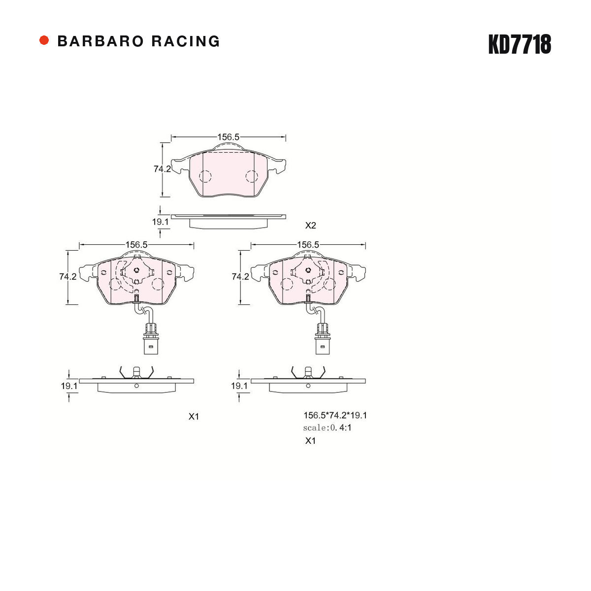 Barbaro Racing KD7718 brake pad shape drawing - 156.5 x 74.2 x 19.1 mm