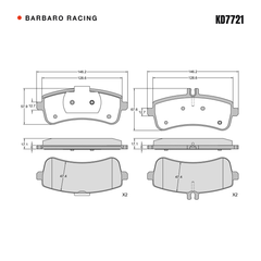 Barbaro Racing KD7721 brake pad shape drawing - 146.2 x 67.6 x 17.1 mm