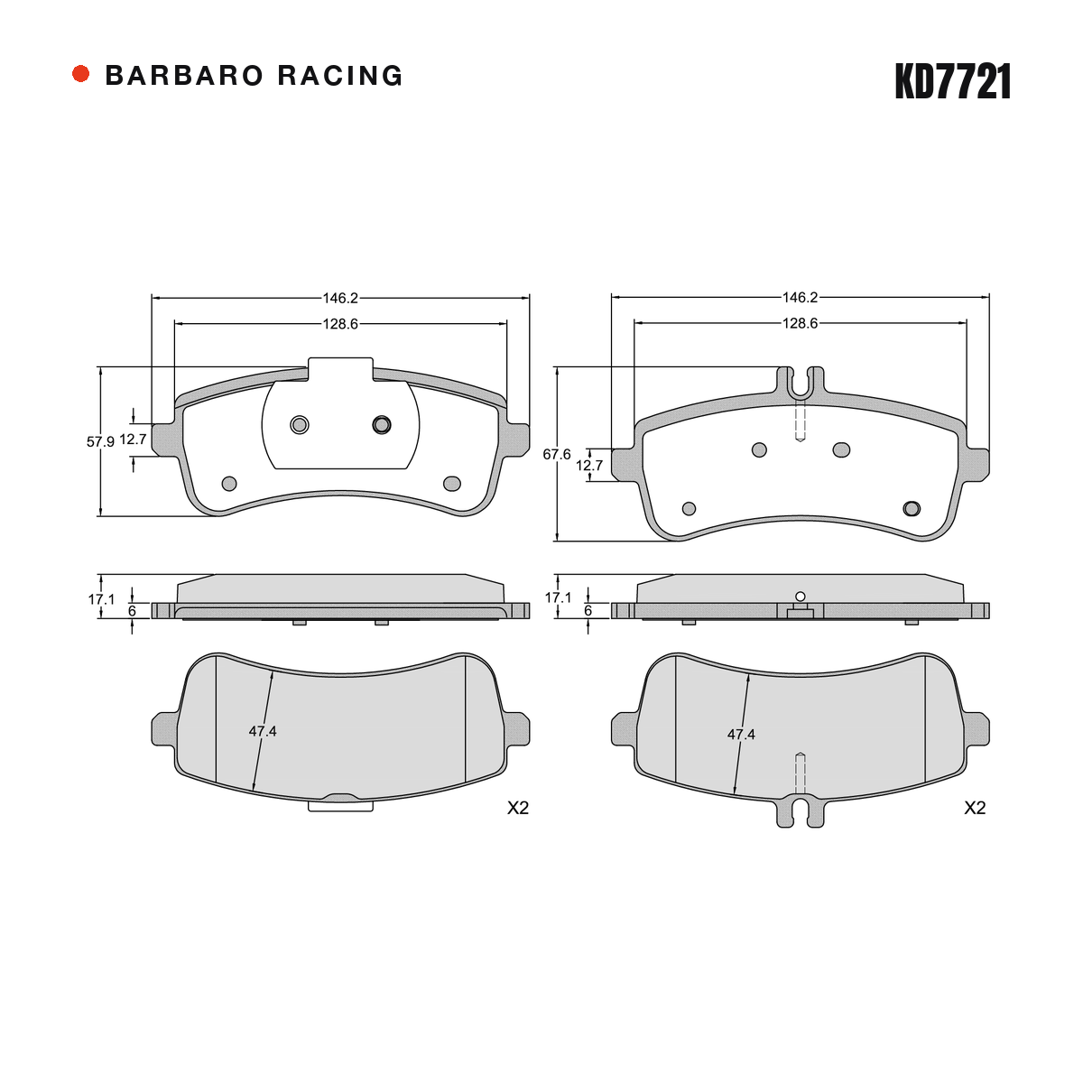 Barbaro Racing KD7721 brake pad shape drawing - 146.2 x 67.6 x 17.1 mm