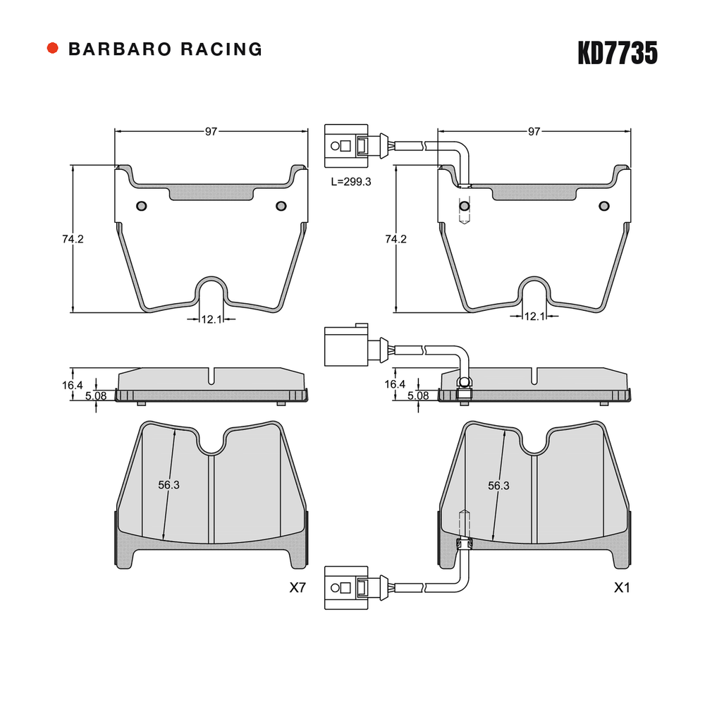 Barbaro Racing KD7735 brake pad shape drawing - 97 x 74.2 x 16.4 mm