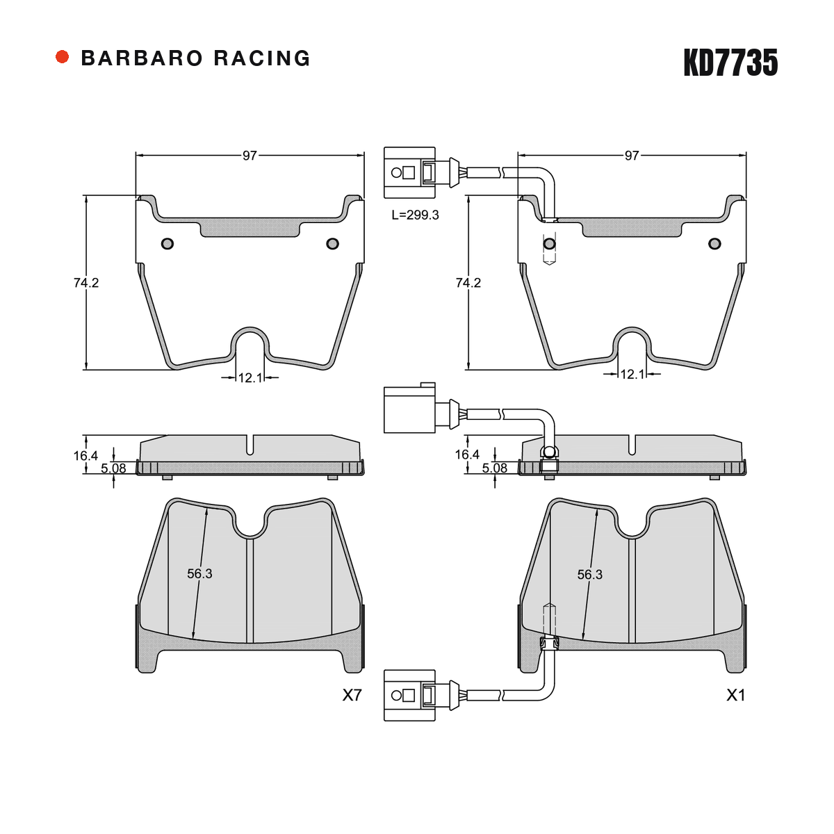 Barbaro Racing KD7735 brake pad shape drawing - 97 x 74.2 x 16.4 mm
