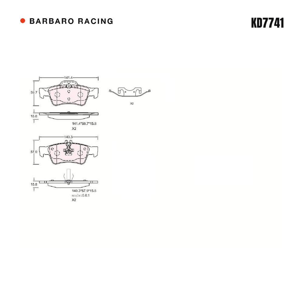 Barbaro Racing KD7741 brake pad shape drawing - 141.5 x 59.6 x 15.8 mm