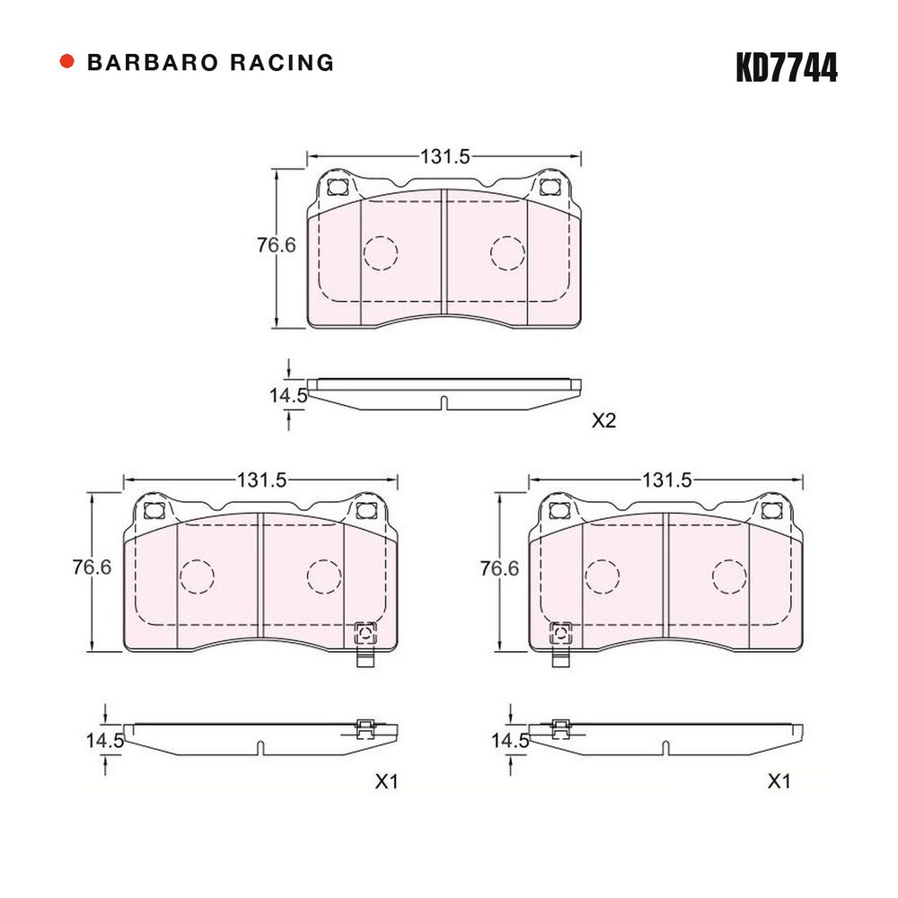 Barbaro Racing KD7744 brake pad shape drawing - 131.5 x 76.6 x 14.5 mm