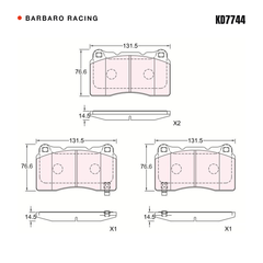 Barbaro Racing KD7744 brake pad shape drawing - 131.5 x 76.6 x 14.5 mm