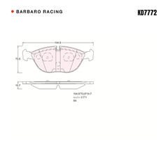 Barbaro Racing KD7772 brake pad shape drawing - 194.5 x 73.5 x 19.7 mm