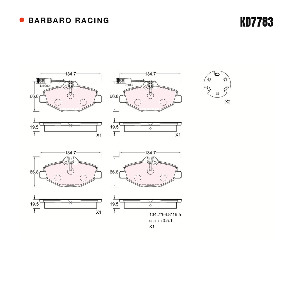 Barbaro Racing KD7783 brake pad shape drawing - 134.8 x 66.9 x 19.5 mm