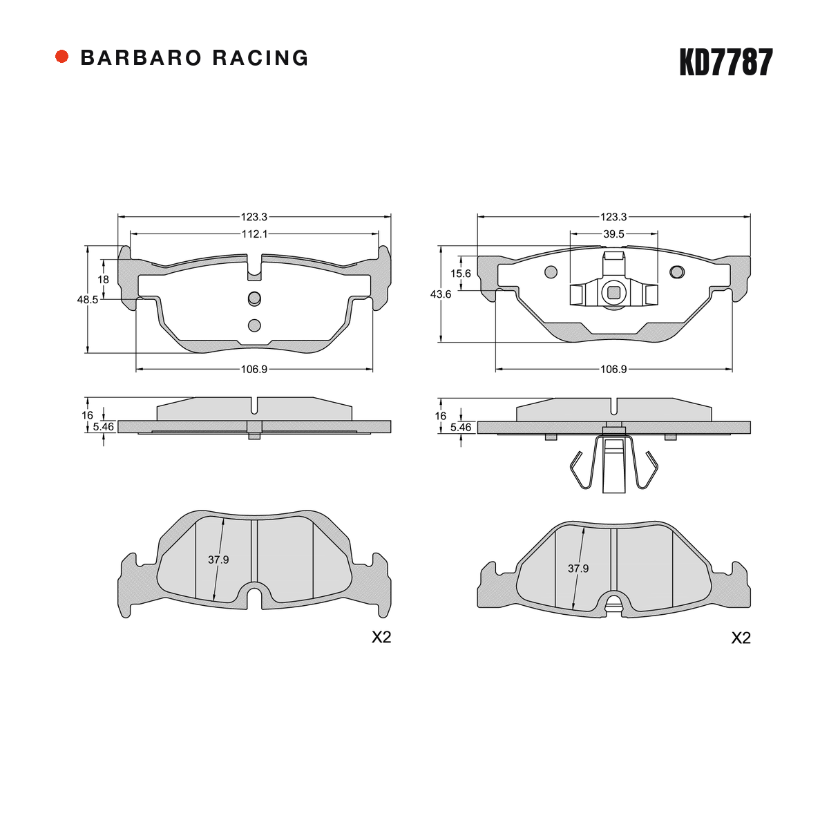 Barbaro Racing KD7787 brake pad shape drawing - 123 x 48.2 x 16 mm