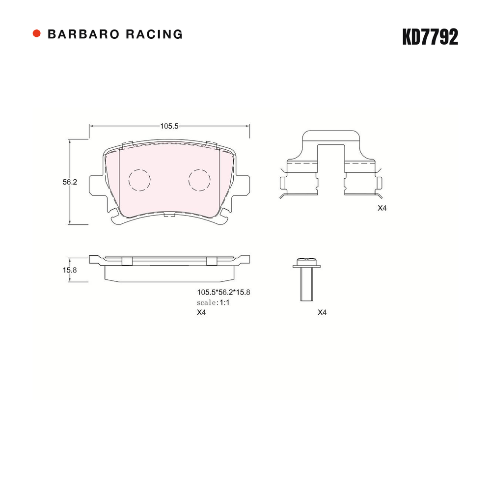 Barbaro Racing KD7792 brake pad shape drawing - 105.5 x 56.2 x 15.8 mm