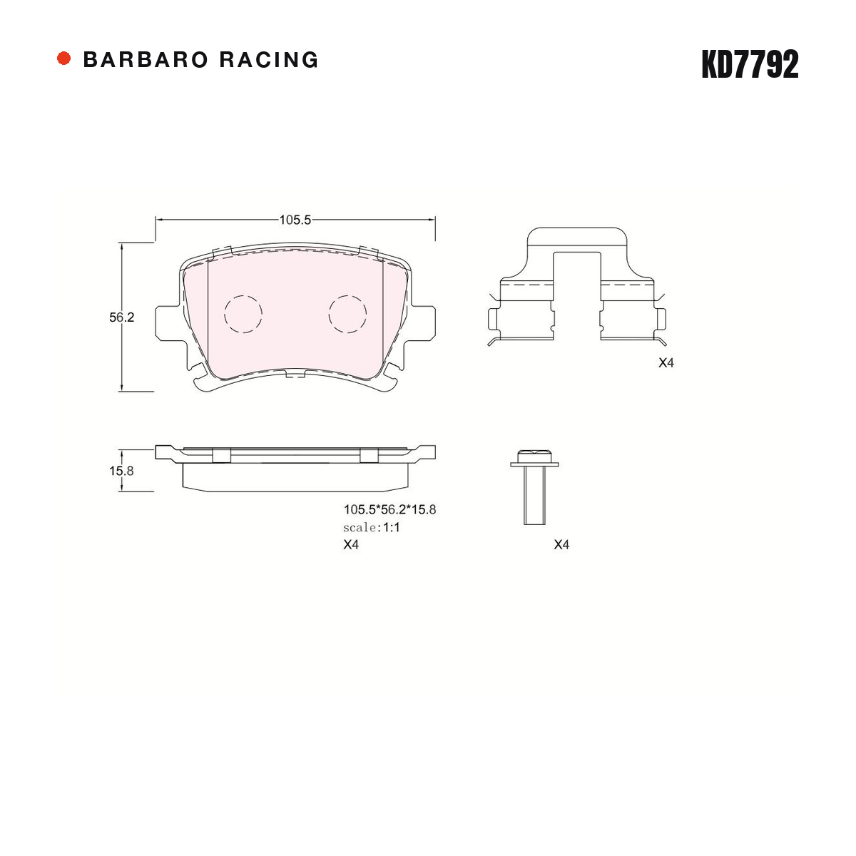 Barbaro Racing KD7792 brake pad shape drawing - 105.5 x 56.2 x 15.8 mm