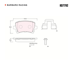 Barbaro Racing KD7792 brake pad shape drawing - 105.5 x 56.2 x 15.8 mm