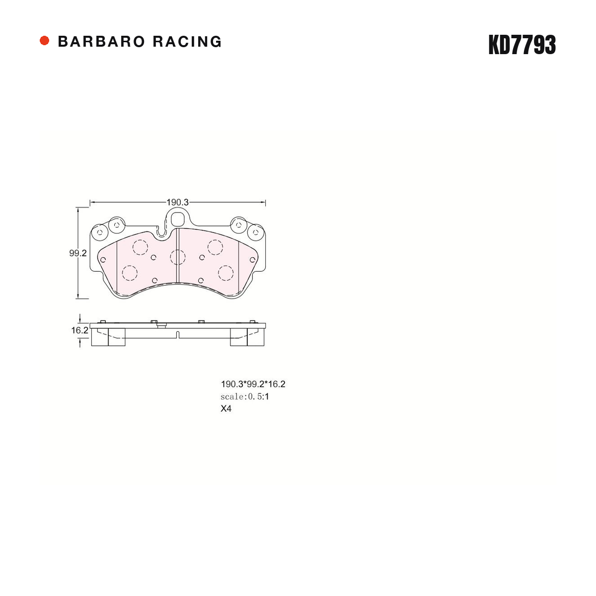 Barbaro Racing KD7793 brake pad shape drawing - 190 x 99.5 x 16.2 mm