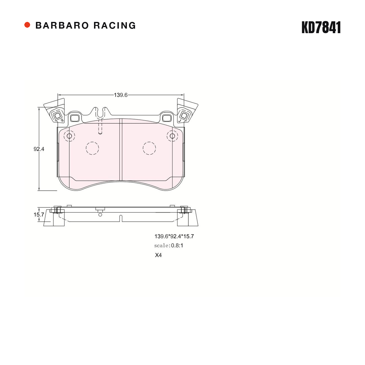 Barbaro Racing KD7841 brake pad shape drawing - 139.6 x 92.4 x 15.7 mm