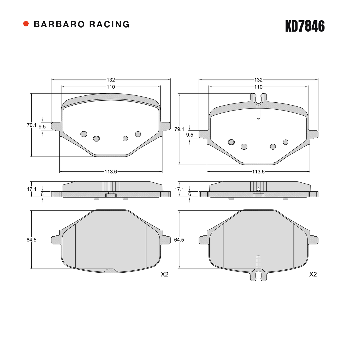 Barbaro Racing KD7846 brake pad shape drawing - 132 x 79.1 x 17.1 mm