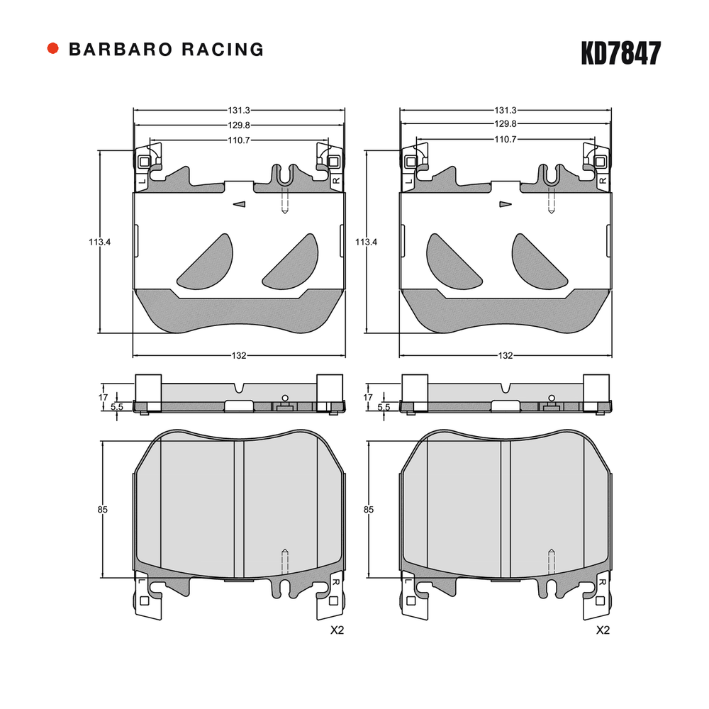 Barbaro Racing KD7847 brake pad shape drawing - 132 x 113.4 x 17 mm