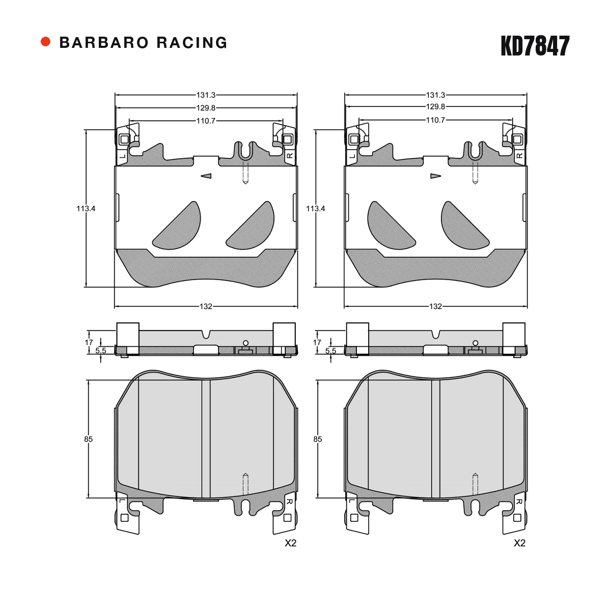 Barbaro Racing KD7847 brake pad shape drawing - 132 x 113.4 x 17 mm