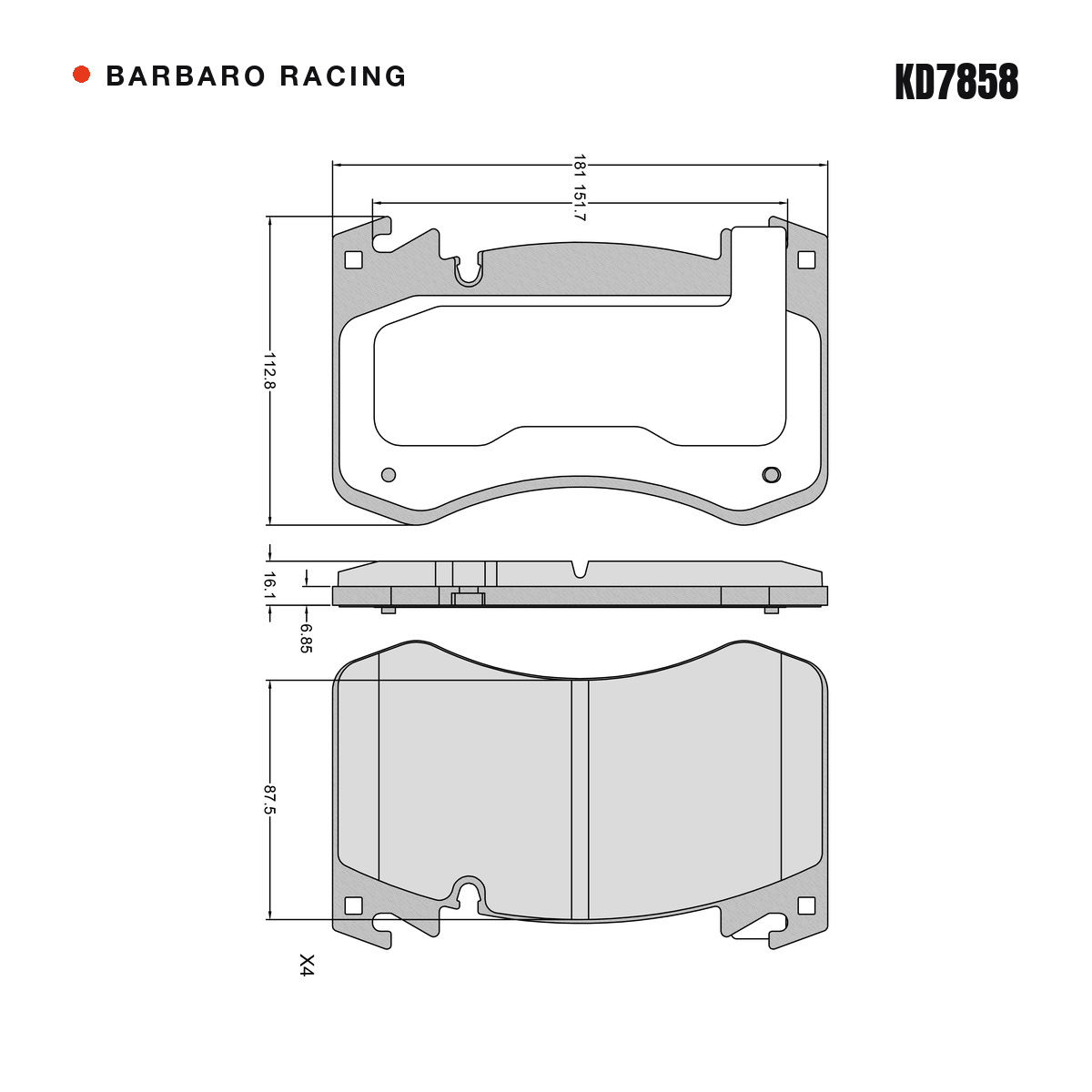 Barbaro Racing KD7858 brake pad shape drawing - 181 x 112.8 x 16.1 mm