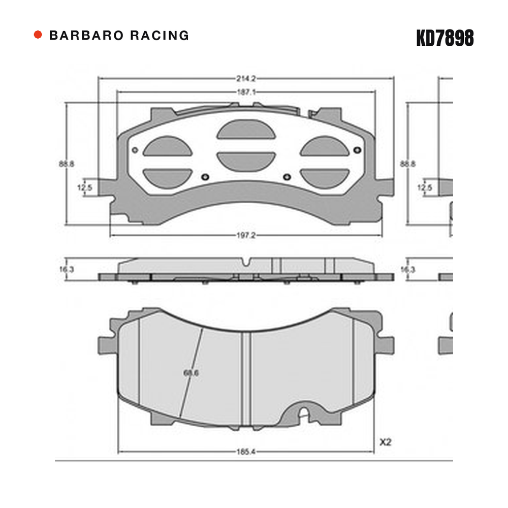 Barbaro Racing KD7898 brake pad shape drawing - 214.2 x 88.8 x 16.3 mm