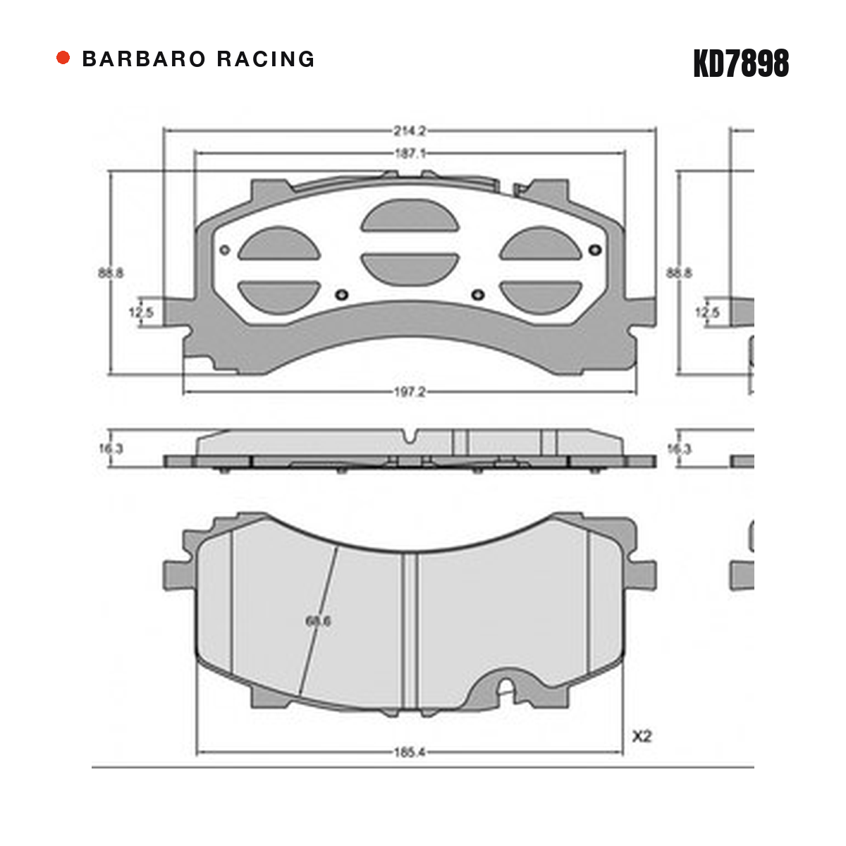 Barbaro Racing KD7898 brake pad shape drawing - 214.2 x 88.8 x 16.3 mm