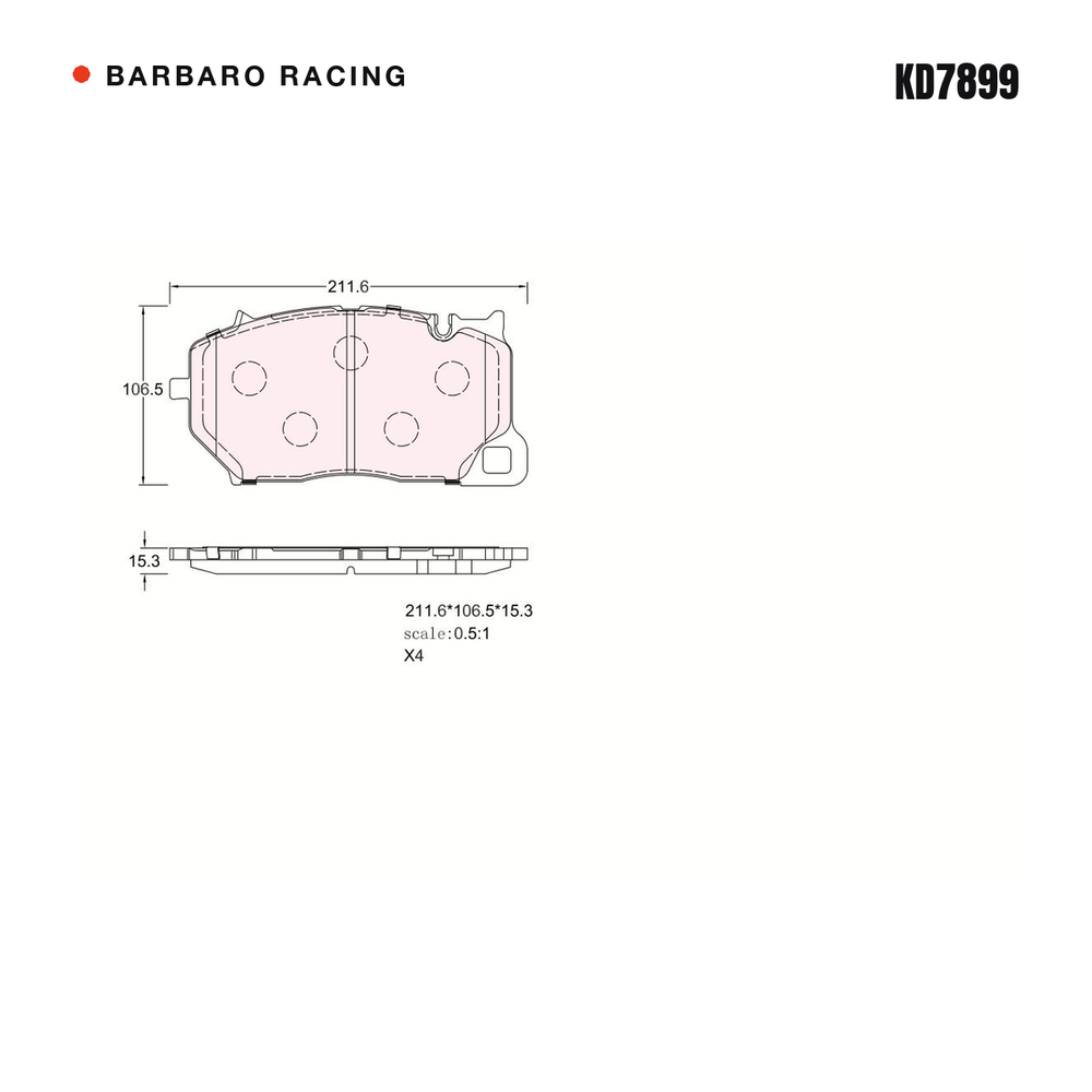 Barbaro Racing KD7899 brake pad shape drawing - 211.6 x 106.5 x 15.3 mm