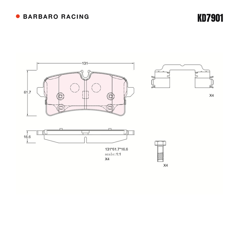 Barbaro Racing KD7901 brake pad shape drawing - 131 x 61.7 x 16.6 mm
