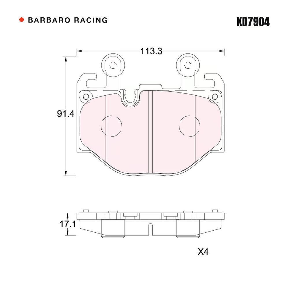 Barbaro Racing KD7904 brake pad shape drawing - 113.3 x 91.4 x 17.1 mm