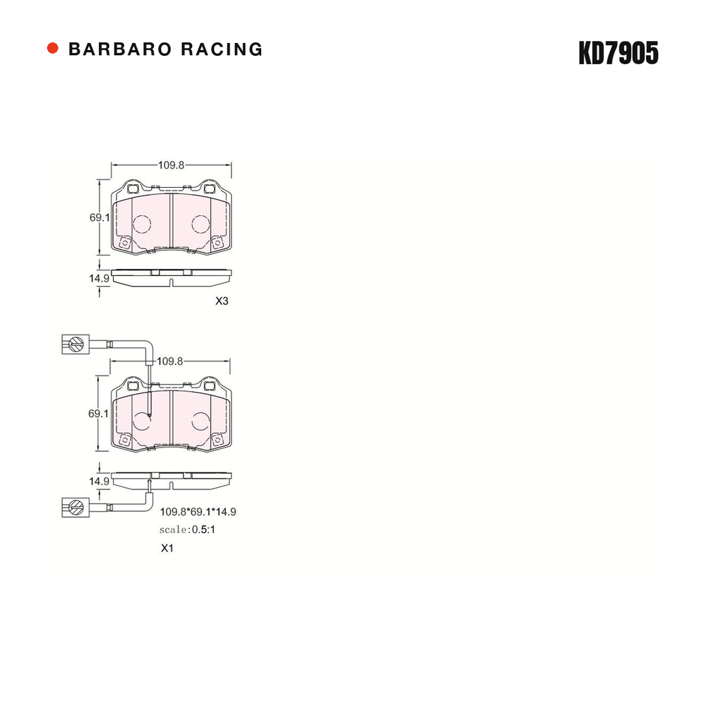 Barbaro Racing KD7905 brake pad shape drawing - 109.8 x 69.1 x 14.9 mm