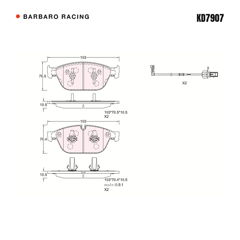Barbaro Racing KD7907 brake pad shape drawing - 193 x 76.5 x 18.5 mm