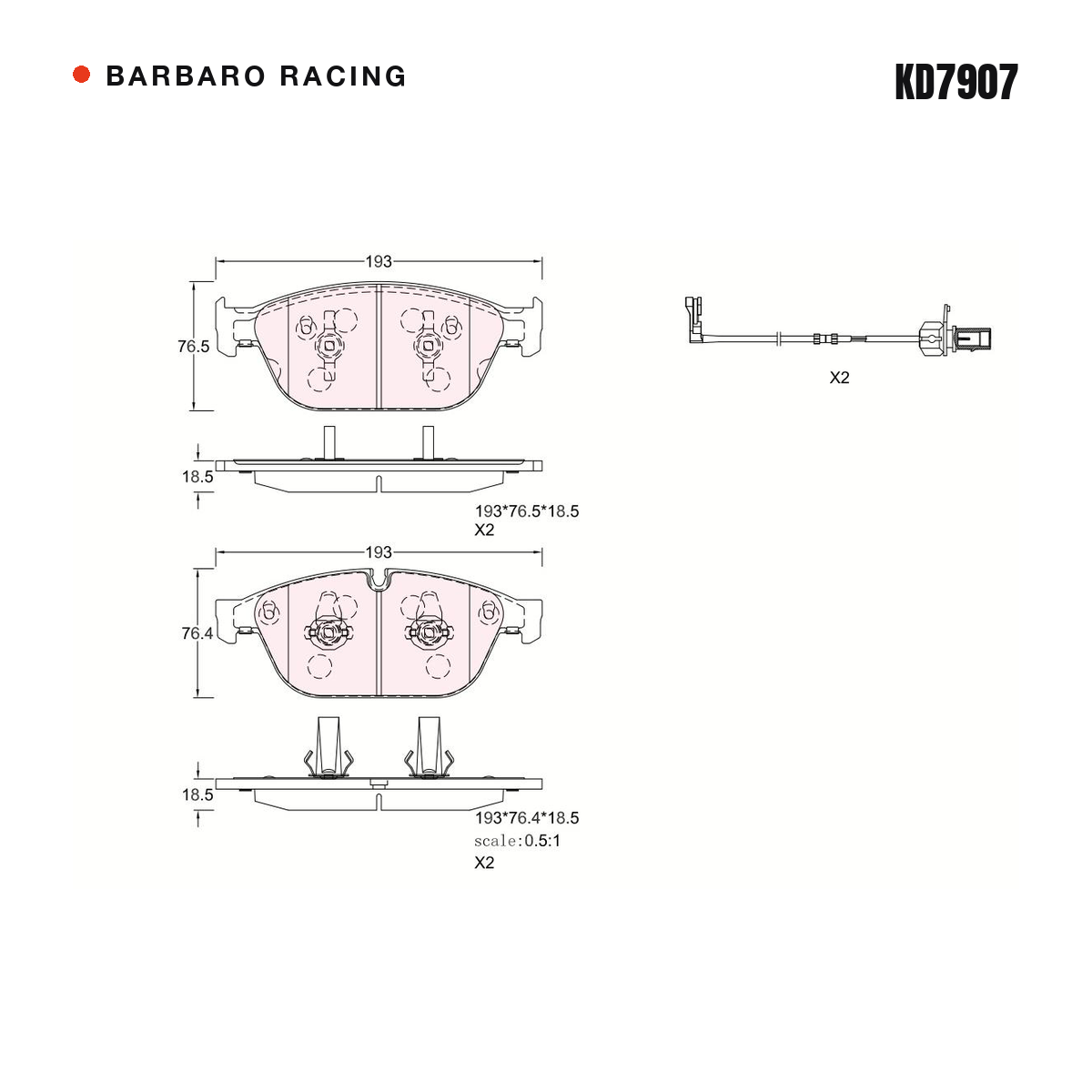 Barbaro Racing KD7907 brake pad shape drawing - 193 x 76.5 x 18.5 mm