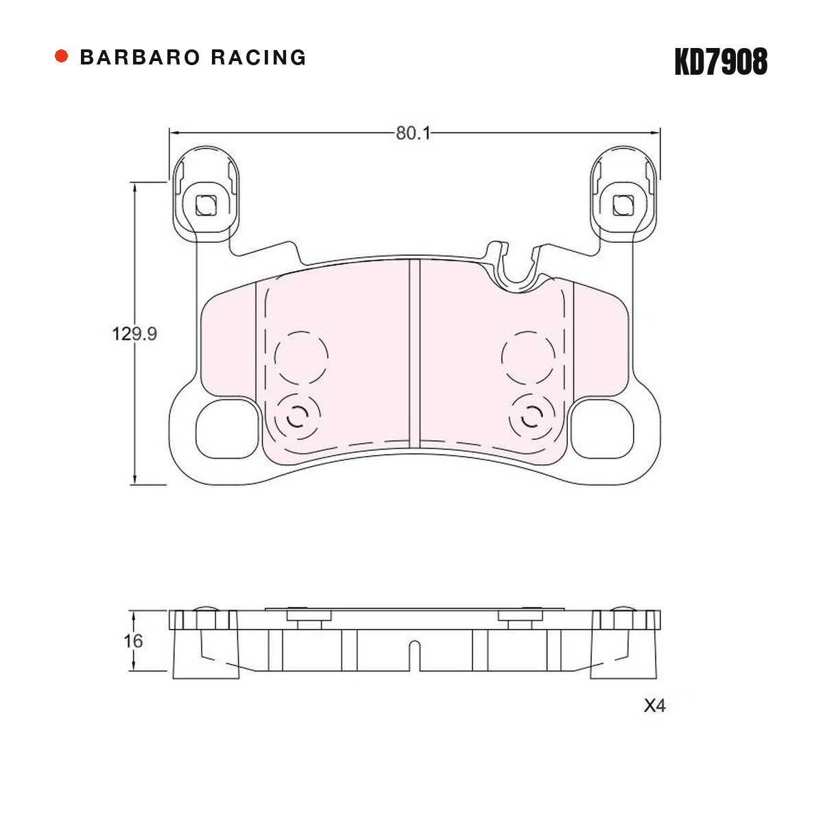 Barbaro Racing KD7908 brake pad shape drawing - 129.9 x 80.1 x 16 mm