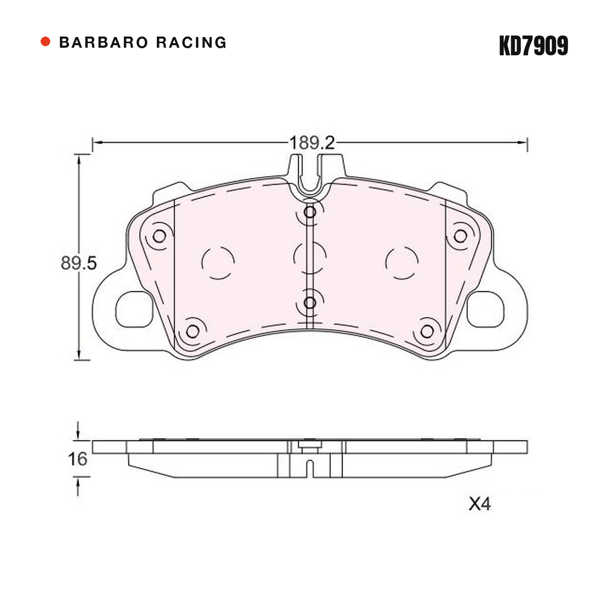 Barbaro Racing KD7909 brake pad shape drawing - 189.2 x 89.6 x 16 mm