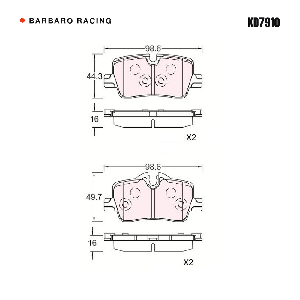 Barbaro Racing KD7910 brake pad shape drawing - 98.5 x 44.2 x 16 mm