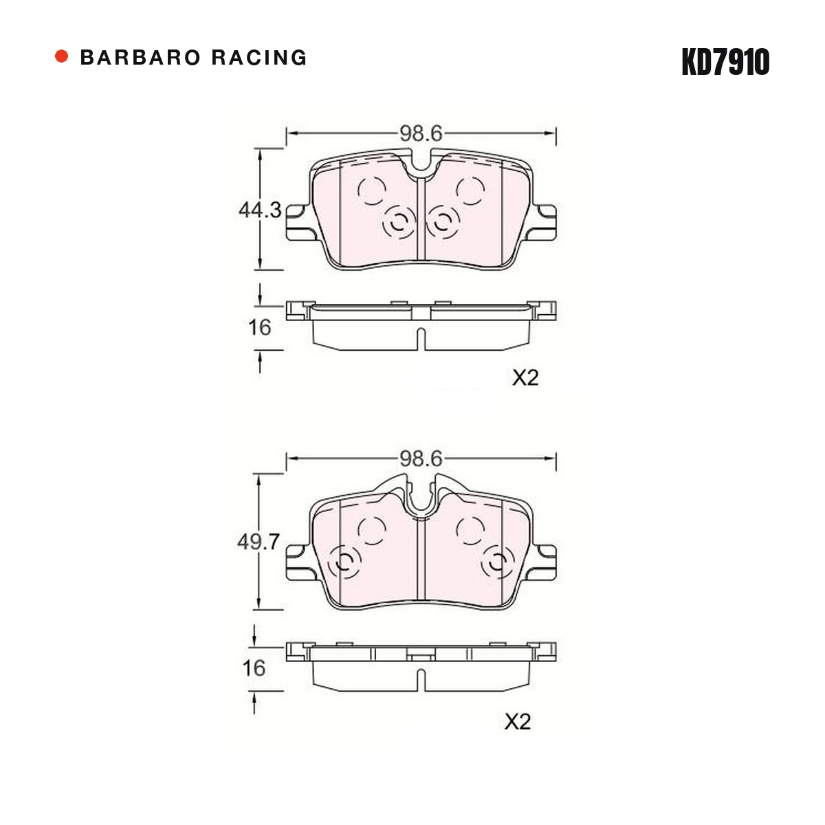 Barbaro Racing KD7910 brake pad shape drawing - 98.5 x 44.2 x 16 mm