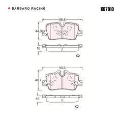 Barbaro Racing KD7910 brake pad shape drawing - 98.5 x 44.2 x 16 mm