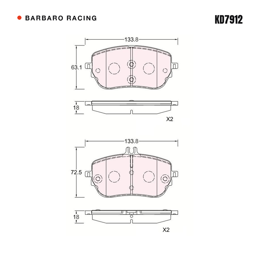 Barbaro Racing KD7912 brake pad shape drawing - 133.8 x 63.1 x 18 mm