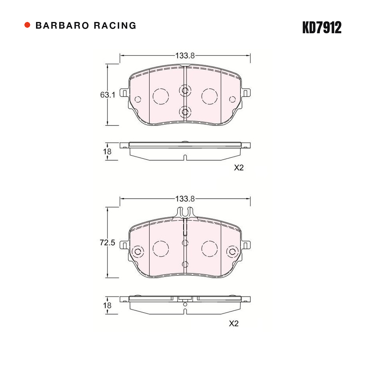 Barbaro Racing KD7912 brake pad shape drawing - 133.8 x 63.1 x 18 mm