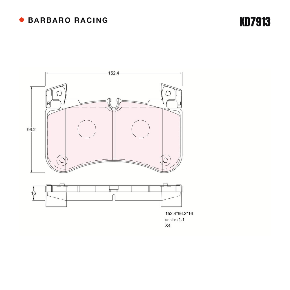 Barbaro Racing KD7913 brake pad shape drawing - 152.4 x 96.2 x 16 mm