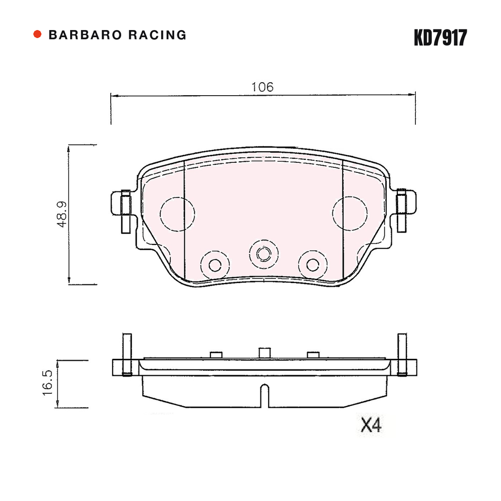 Barbaro Racing KD7917 brake pad shape drawing - 106 x 48.9 x 16.5 mm