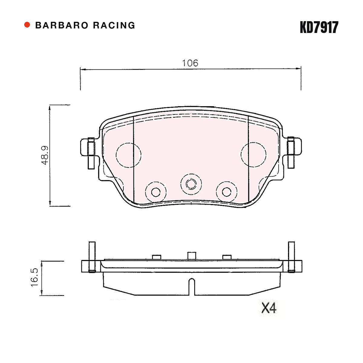 Barbaro Racing KD7917 brake pad shape drawing - 106 x 48.9 x 16.5 mm