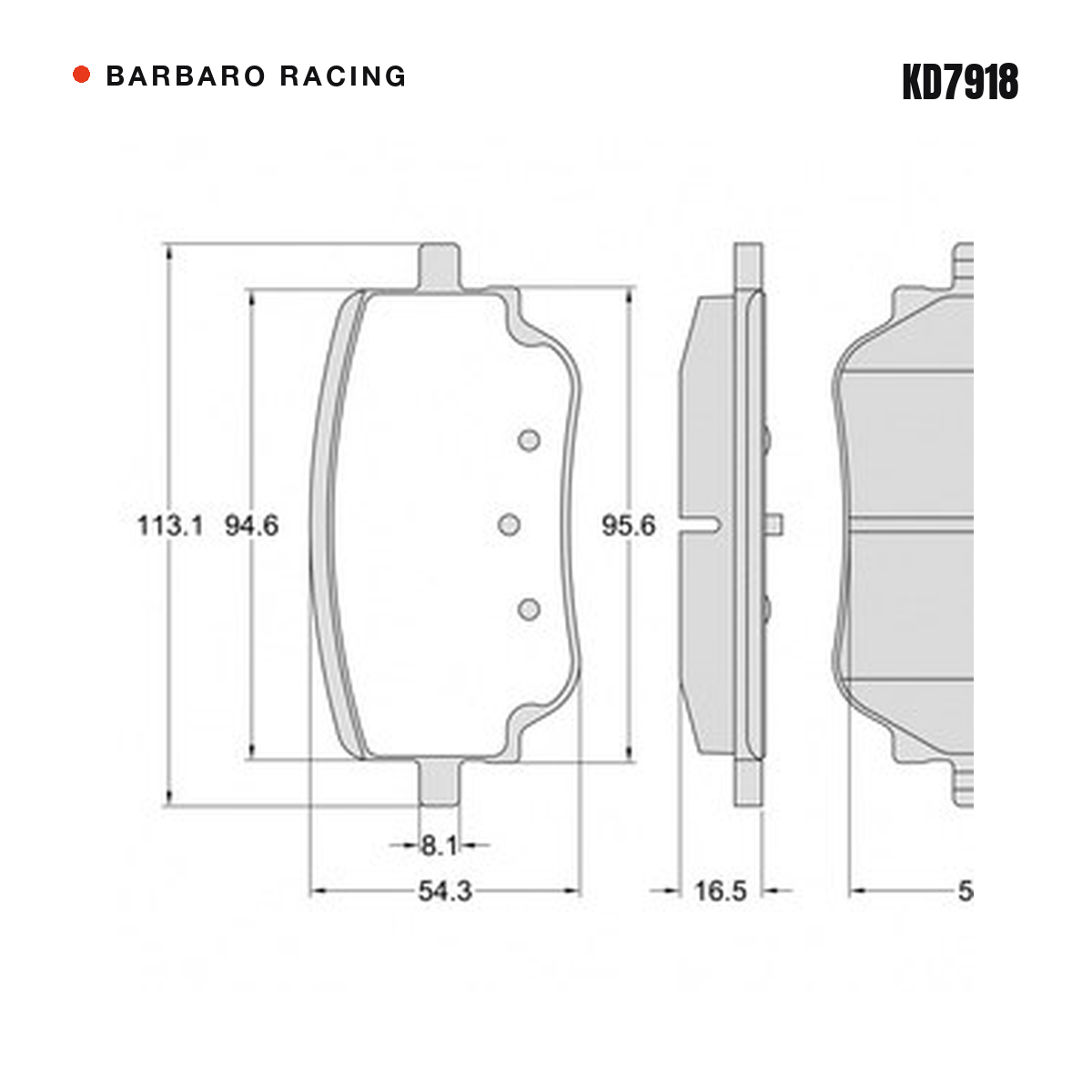 Barbaro Racing KD7918 brake pad shape drawing - 113.1 x 54.3 x 16.5 mm