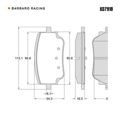 Barbaro Racing KD7918 brake pad shape drawing - 113.1 x 54.3 x 16.5 mm