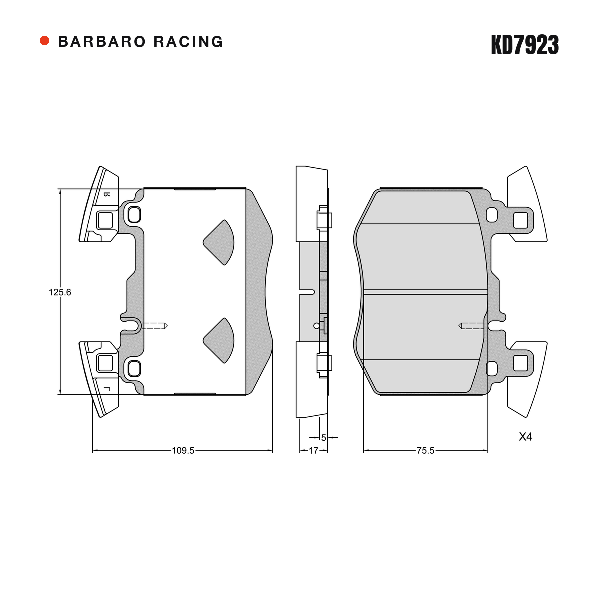 Barbaro Racing KD7923 brake pad shape drawing - 125.6 x 109.5 x 17 mm