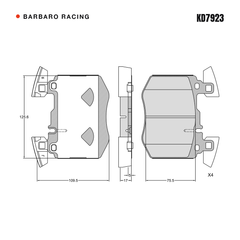 Barbaro Racing KD7923 brake pad shape drawing - 125.6 x 109.5 x 17 mm