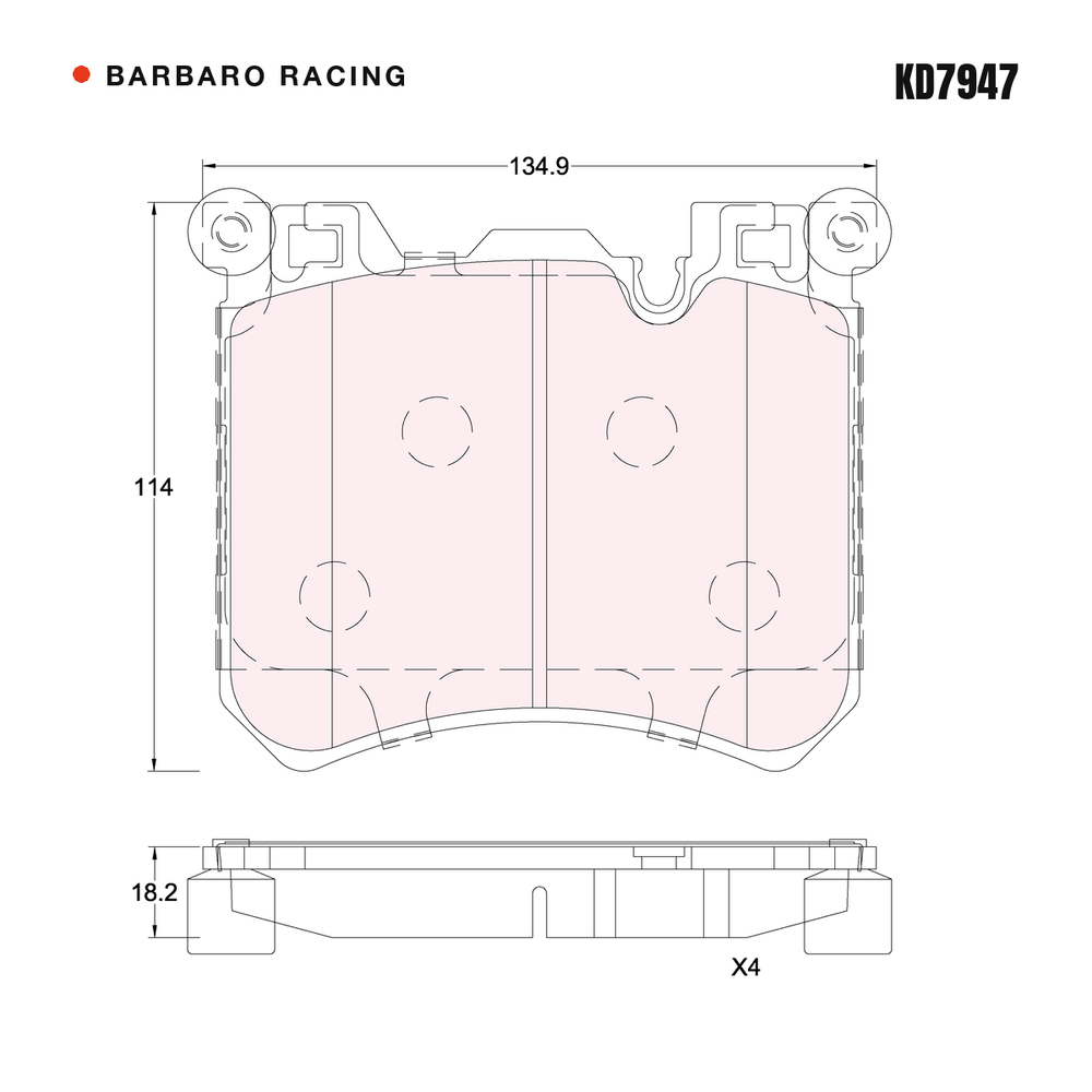 Barbaro Racing KD7947 brake pad shape drawing - 134.9 x 114 x 18.2 mm